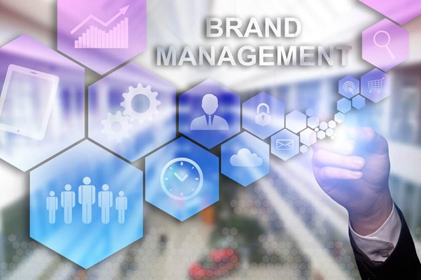 Ilustração escrita "brand management" com vários ícones relacionados a branding ao redor
