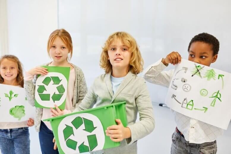 A futura geração segurando placas de reciclagem e sofrendo as consequências da educação ambiental atual