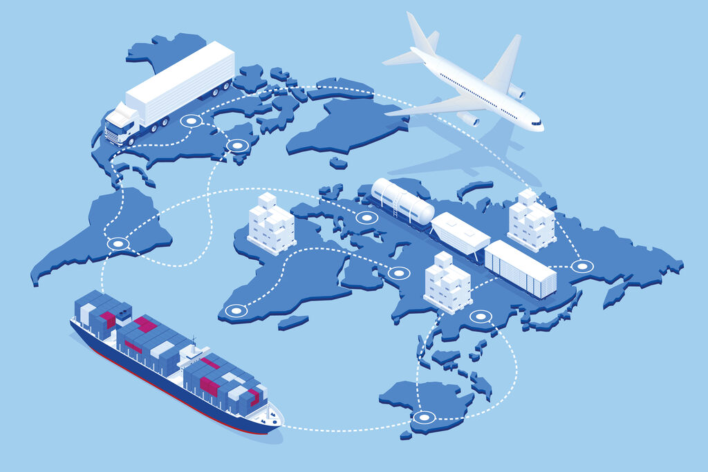 Mapa-múndi com navio, avião e caminhão representa o comércio internacional e a logística global entre países.