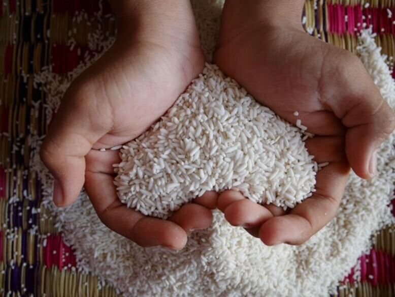 Mão segurando arroz de forma que fique em formato de coração