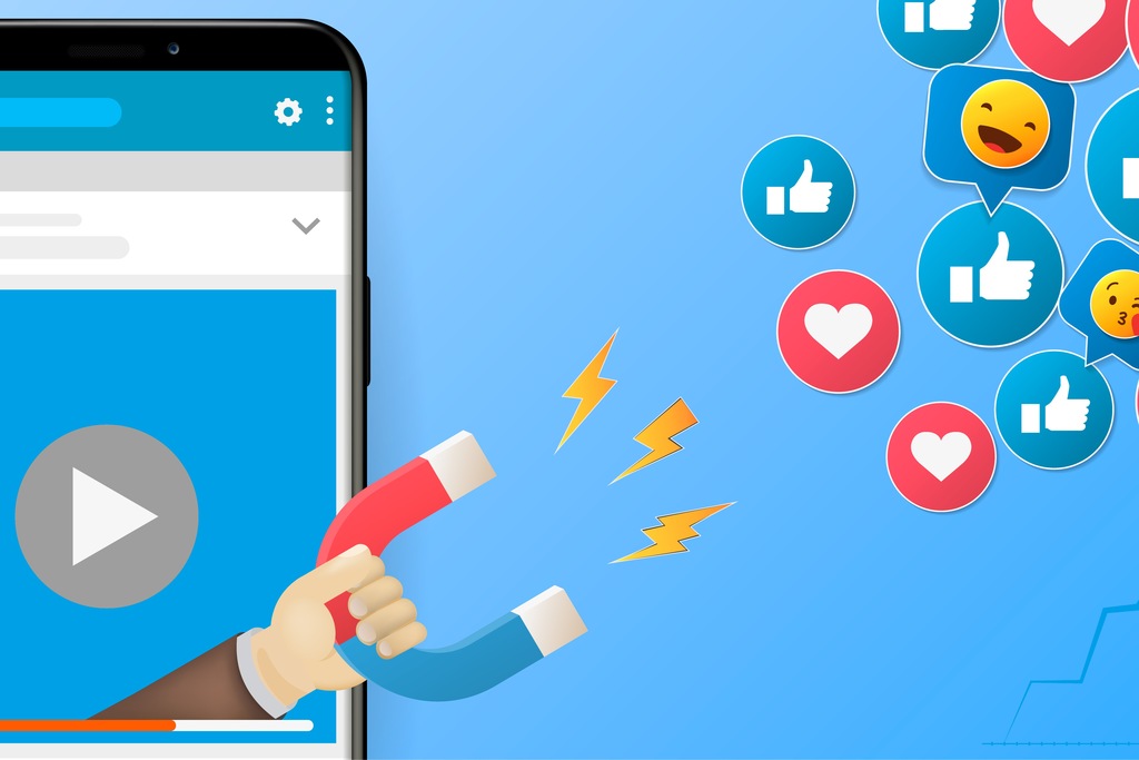 Ilustração de inbound marketing com ímã atraindo reações em redes sociais para representar atração de clientes online.
