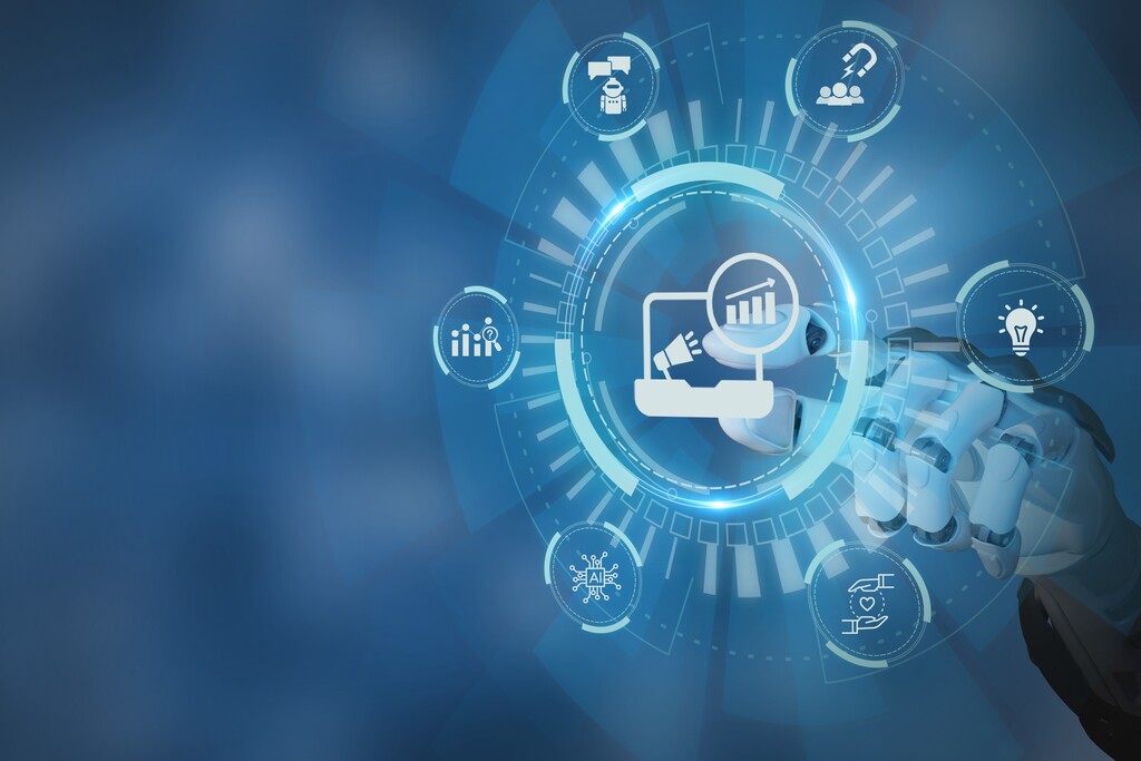 Ilustração de robô interagindo com ícones digitais representa automação, IA e otimização de estratégias de marketing digital.