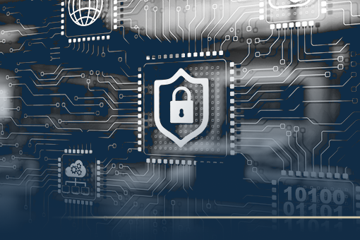 Cibersegurança representada por um cadeado dentro de um escudo em uma tela digital