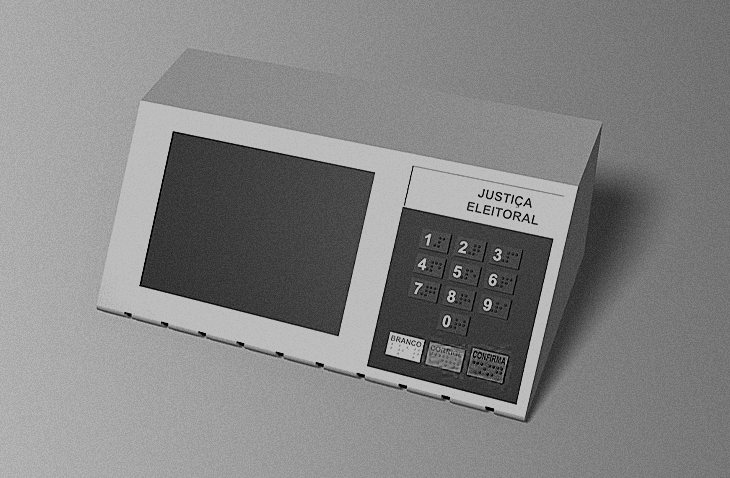 Capa na identidade visual da FIA contendo uma urna eletrônica de computação de voto auditável