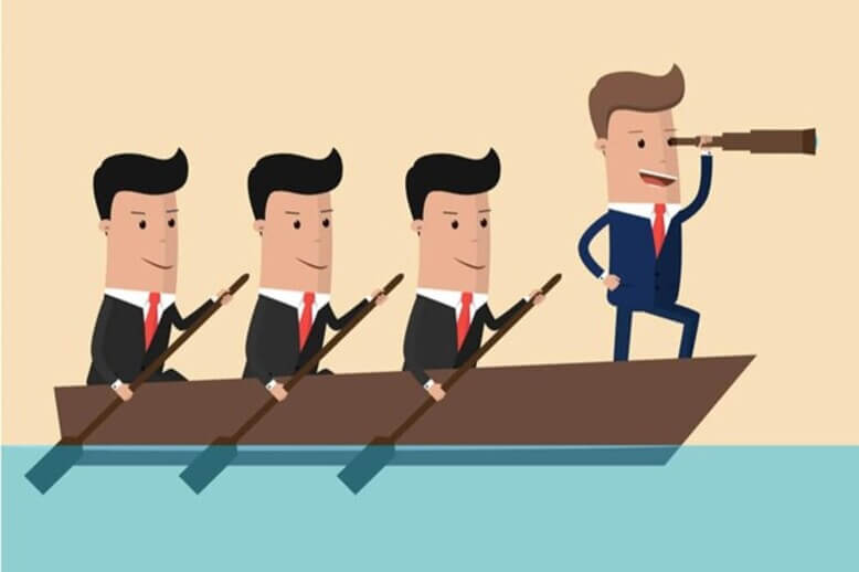 Ilustração de chefe e líder liderando a equipe em um barco
