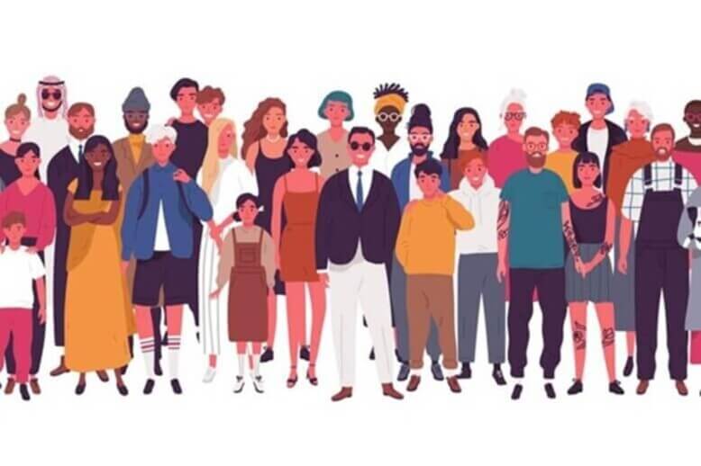 Cidadania representada por uma ilustração contendo diversidade de pessoas reunidas