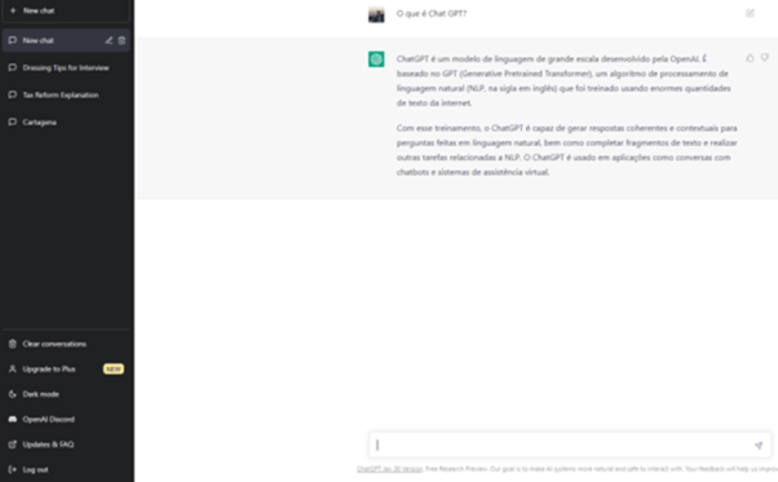 Tela de interação com a Inteligência artificial do ChatGPT
