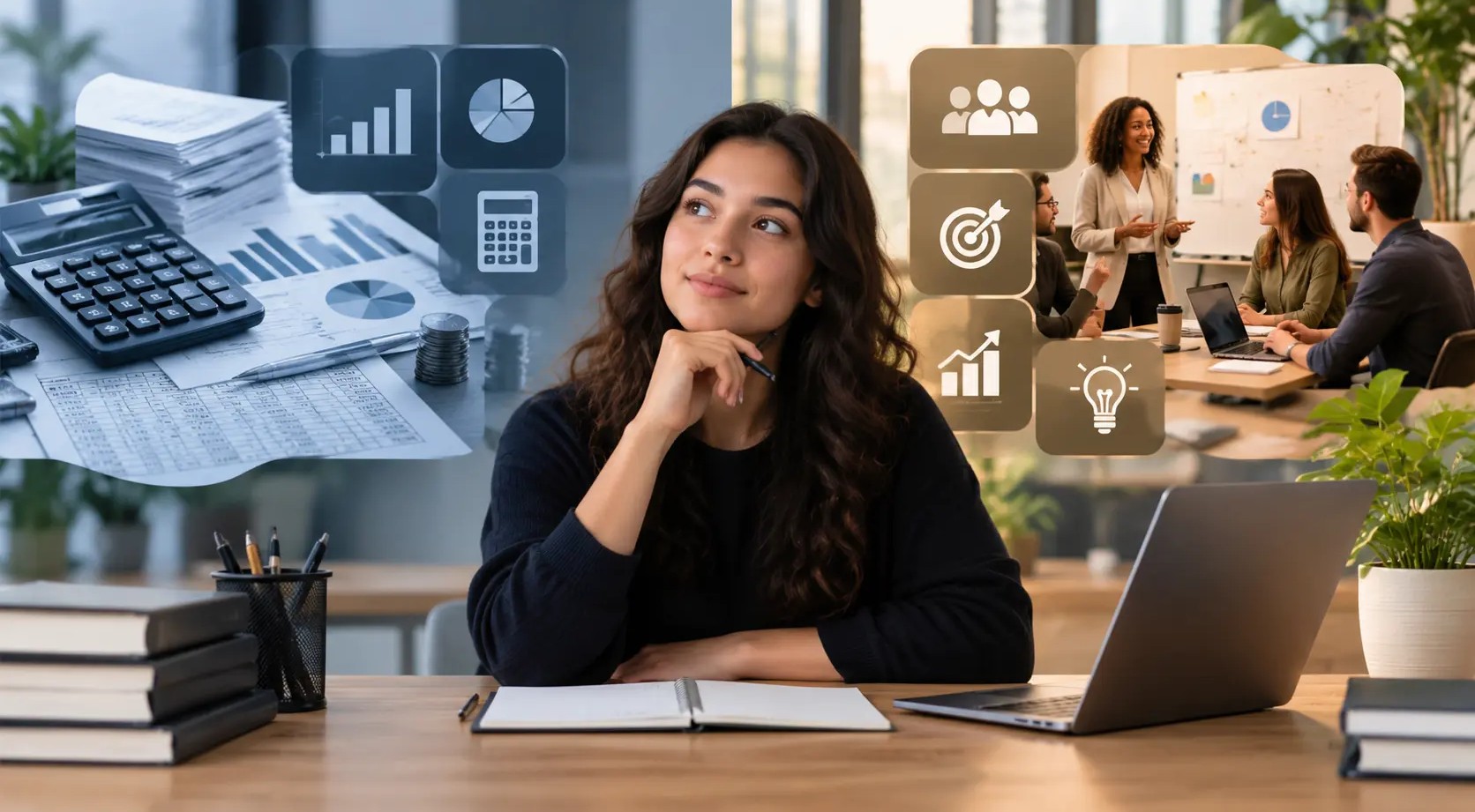 Mulher sentada à mesa com notebook e caderno, cercada por elementos de contabilidade e administração.