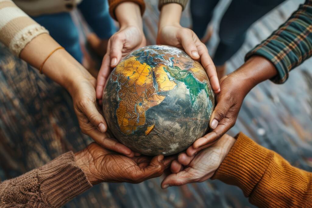 Mãos de diferentes pessoas seguram um globo terrestre simbolizando diversidade cultural e relações entre nações.