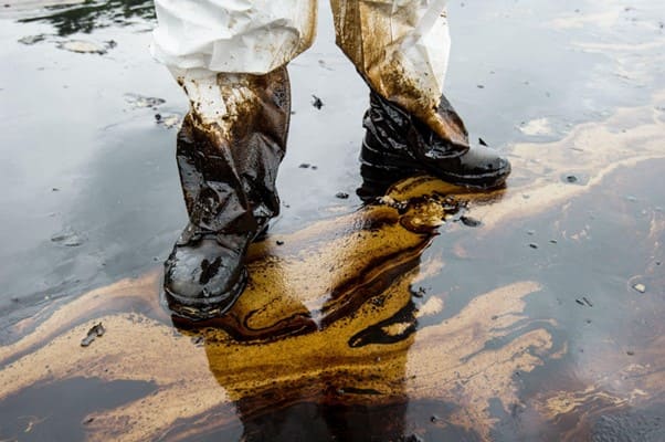 Homem fiscaliza impactos ambientais decorrentes do derramamento de óleo em rio