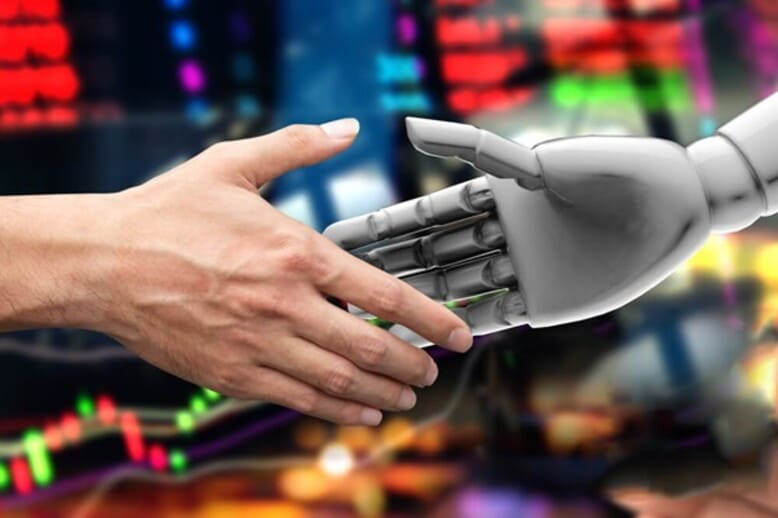 Androíde e humano dão as mãos em prol do avanço da inteligência artificial