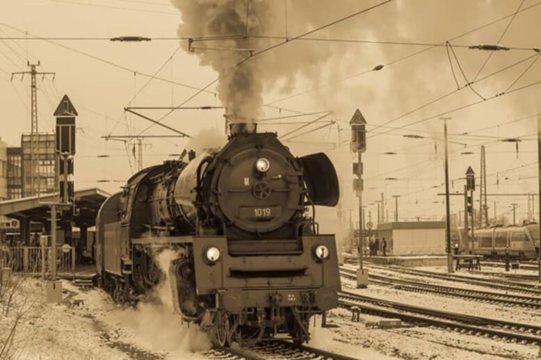 Uma locomotiva a vapor em pleno funcionamento, revelando sua estrutura complexa enquanto nuvens de vapor se elevam pela chaminé, em tempos onde não se falava sobre a sustentabilidade.