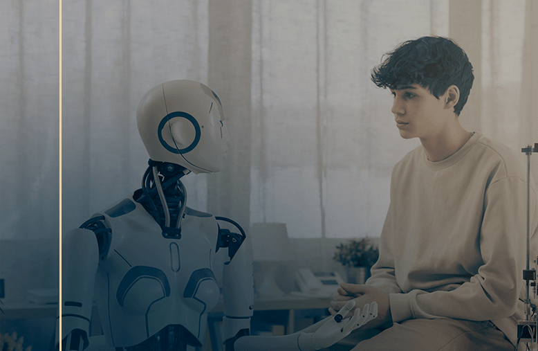 Aluno aprendendo com um professor robô que utiliza IA na educação