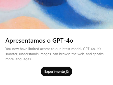 Gráfico colorido abstrato com texto destacando a introdução do GPT-4, descrevendo-o como mais inteligente, capaz de navegar na web e falar mais línguas.