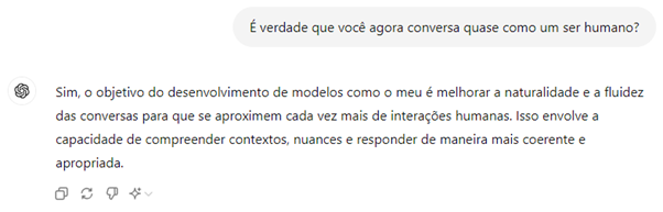 Captura de tela de uma conversa com ChatGPT, onde a IA explica que seu objetivo é melhorar a naturalidade e a fluidez das conversas para se assemelharem às humanas.