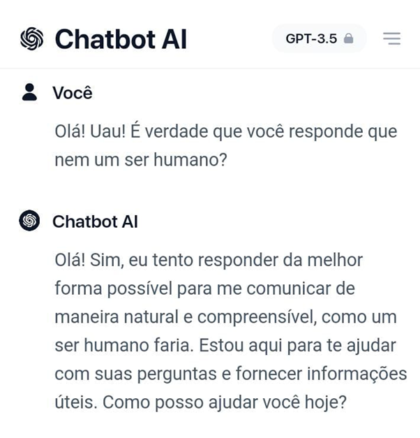 Interface do Chatbot AI mostrando uma conversa onde o bot responde a uma pergunta sobre sua capacidade de simular interações humanas.