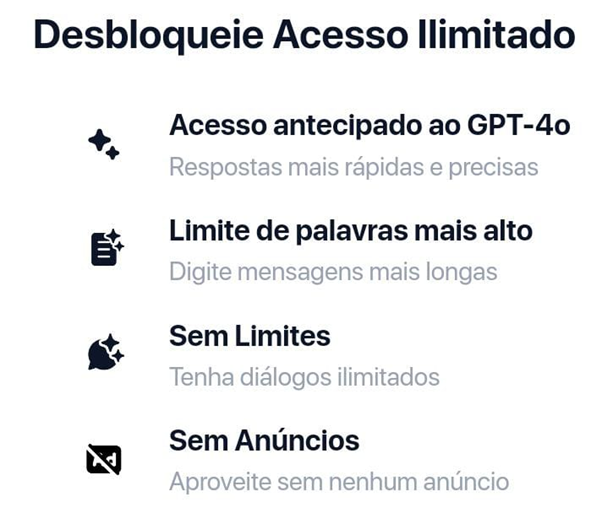 Lista de benefícios do GPT-4, incluindo acesso antecipado, respostas mais rápidas, maior limite de palavras, diálogos ilimitados e ausência de anúncios.