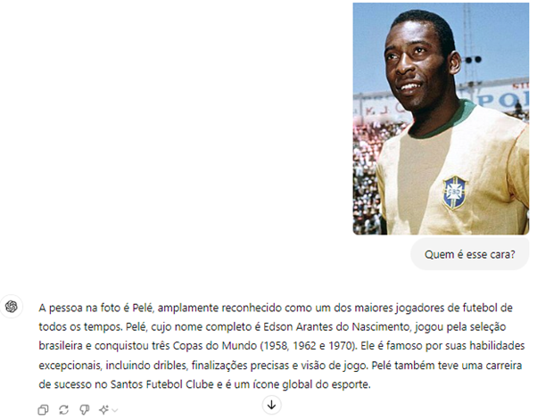 Foto de Pelé em uniforme esportivo, representando um ícone global do esporte, conhecido por suas habilidades excepcionais no futebol.