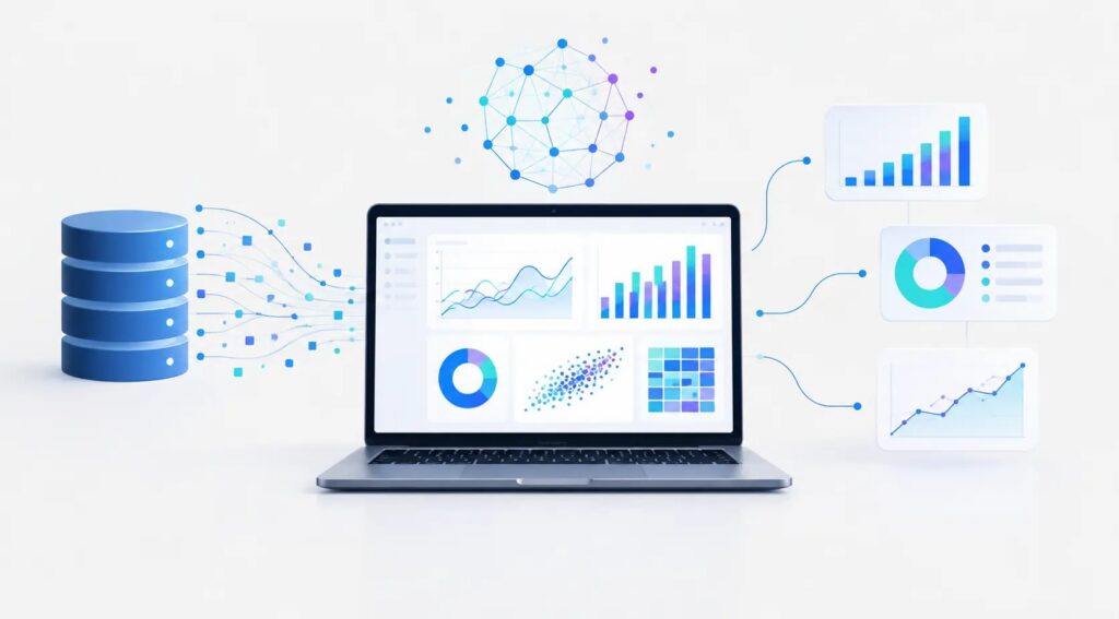 Notebook com gráficos, banco de dados e visualizações de análise de dados sobre data science.