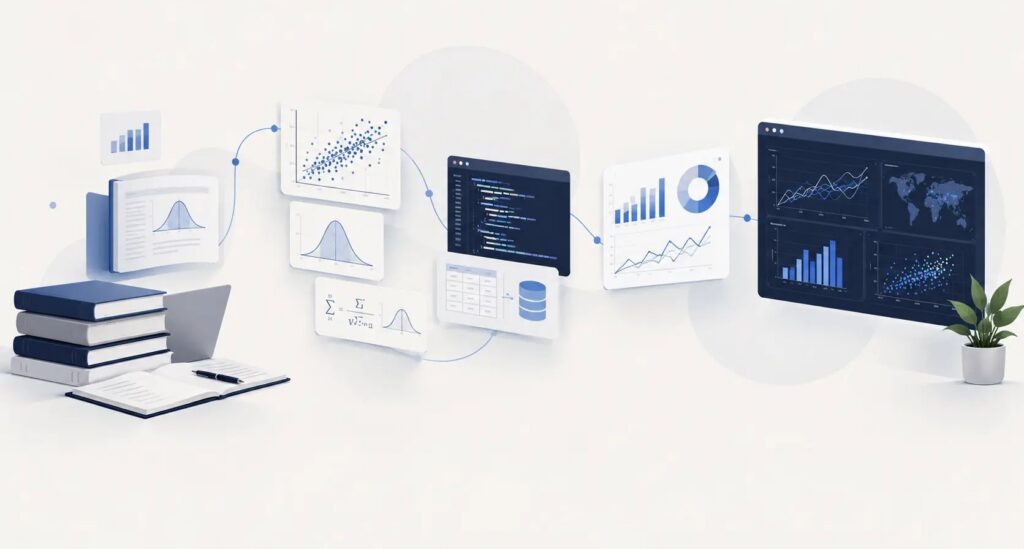 Gráficos, códigos e telas de análise de dados representando habilidades de data science.