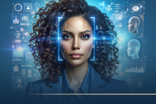 Mulher de cabelo cacheado e blazer azul olhando diretamente para a câmera, com elementos digitais e holográficos sobrepostos ao seu rosto, representando a tecnologia de deepfake. Fundo azul com padrões abstratos e visualizações de dados.