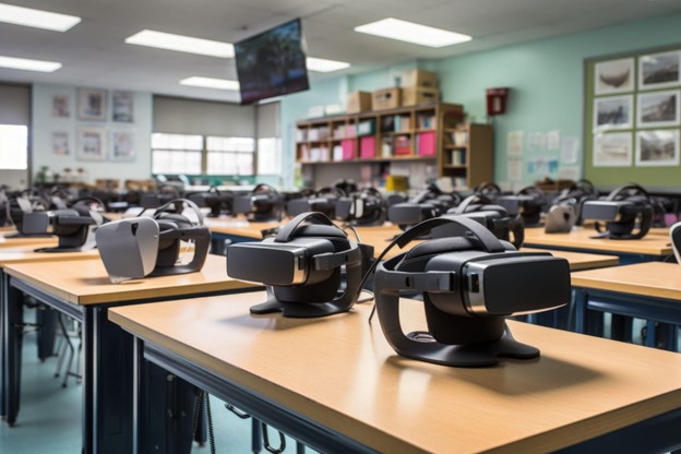 Gamificação na educação sendo aplicada através de óculos de realidade virtual que estão em cima de uma mesa de sala de aula