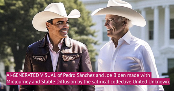 Visual gerado por IA de Pedro Sánchez e Joe Biden usando chapéus de cowboy enquanto conversam sobre Inteligência artificial nas eleições, criado com Midjourney e Stable Diffusion.
