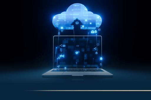 Imagem de um laptop com uma representação digital de uma nuvem saindo da tela. A nuvem está conectada a vários ícones que simbolizam dados e aplicativos, destacando a integração e acessibilidade da computação em nuvem.