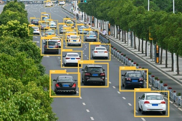 Uma cidade inteligente com várias tecnologias de inteligência artificial integradas, incluindo carros autônomos e edifícios inteligentes.