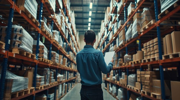 Homem em meio às prateleiras de um depósito realizando a gestão de produtos de sua empresa