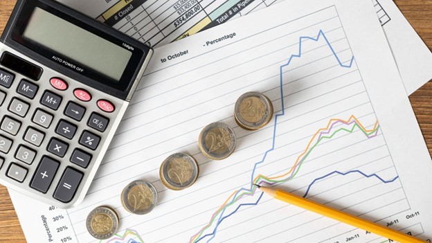 Cálculos e gráficos financeiros destacando o impacto da microeconomia e macroeconomia no crescimento econômico.