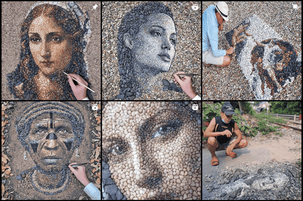 Artista criando retratos detalhados no chão com pedras, ilustrando a Economia Criativa através da arte de mosaico ao ar livre.