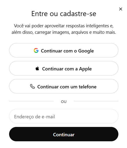 Tela de cadastro do ChatGPT, com opções para entrar ou criar uma conta usando Google, Apple, telefone ou e-mail.