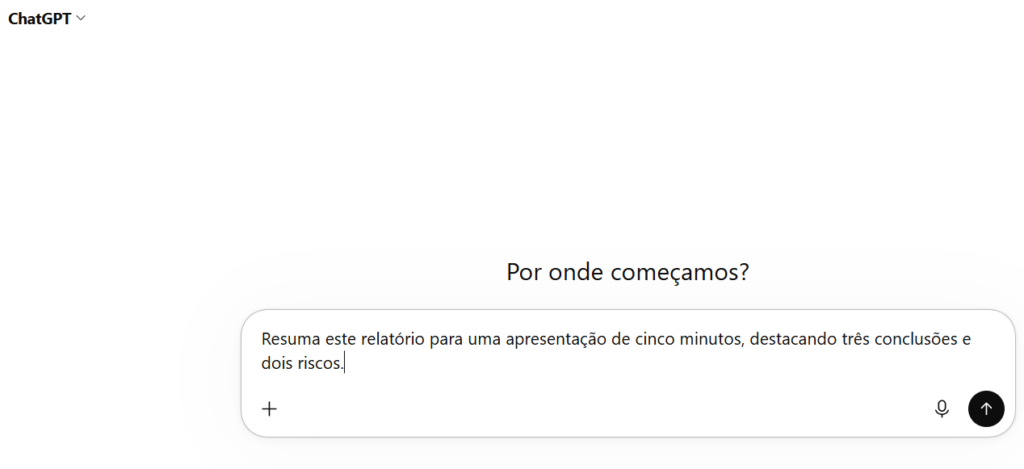 Tela do ChatGPT com campo de texto para digitar um prompt e iniciar uma conversa.