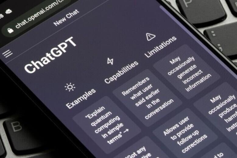 Interface do ChatGPT em um dispositivo móvel, com recursos e exemplos de uso da ferramenta de inteligência artificial.