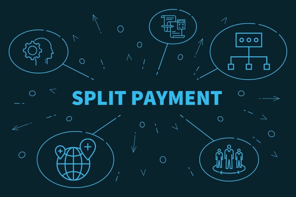 Ilustração gráfica com o texto “Split Payment” no centro, conectada a ícones que representam tecnologia, rede global e colaboração.