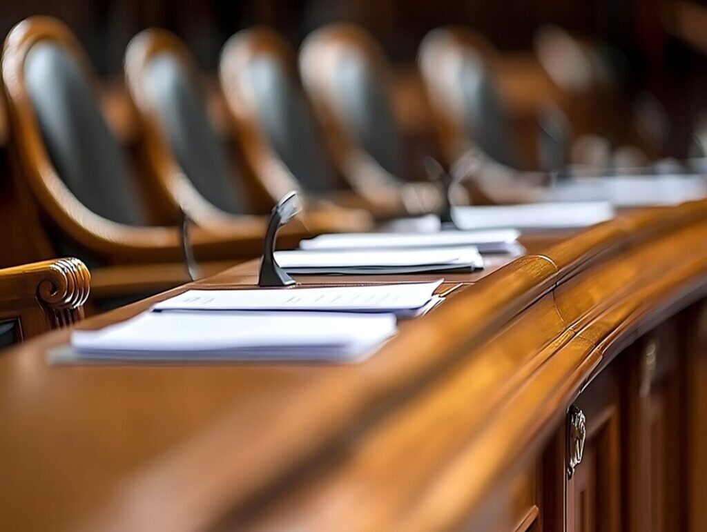 Bancada de madeira com documentos e microfones dispostos, representando um ambiente formal de reunião ou sessão legislativa.