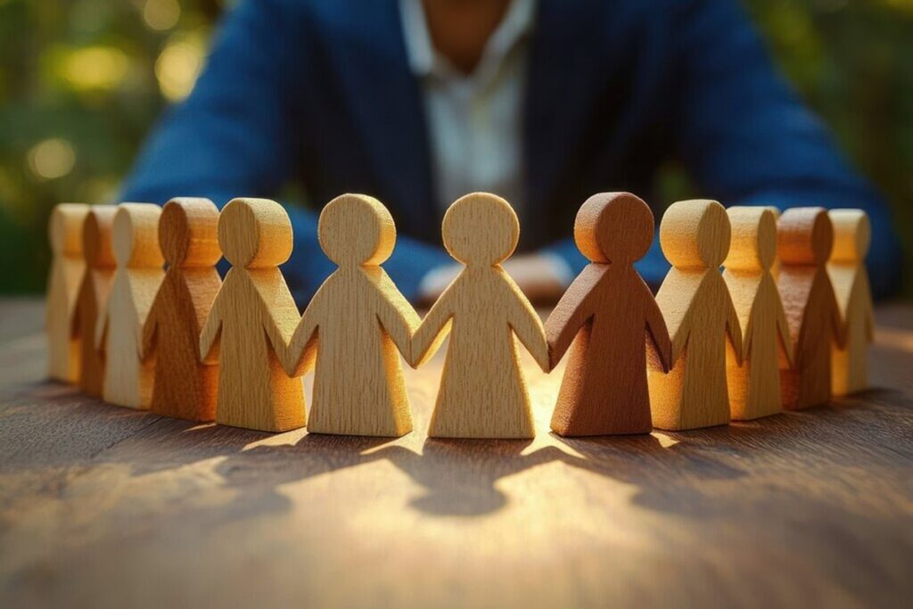 Grupo de bonecos de madeira de mãos dadas formando um círculo, simbolizando união, colaboração e fortalecimento da comunidade.