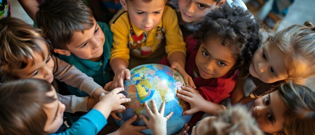 Diversas crianças de diferentes etnias reunidas em volta de um globo terrestre, tocando-o com curiosidade e entusiasmo.
