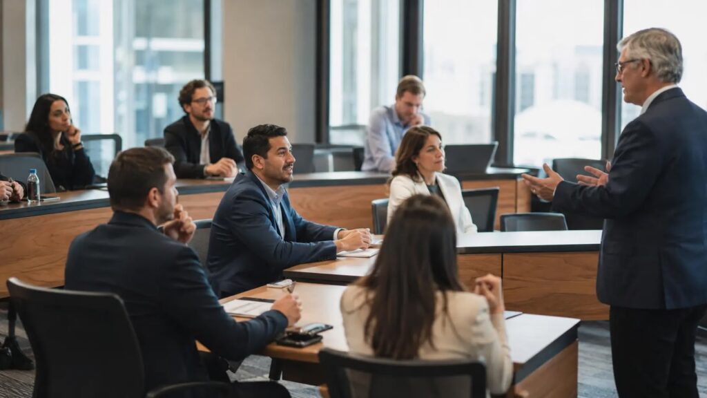 Executivos participam de aula sobre programas de imersão internacional.