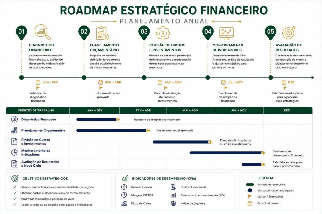 Roadmap estratégico financeiro com cronograma anual, KPIs e etapas de planejamento e monitoramento empresarial.