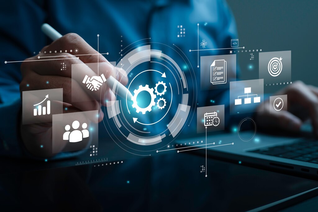 Profissional utiliza interface digital para gestão operacional com foco em processos e desempenho empresarial.