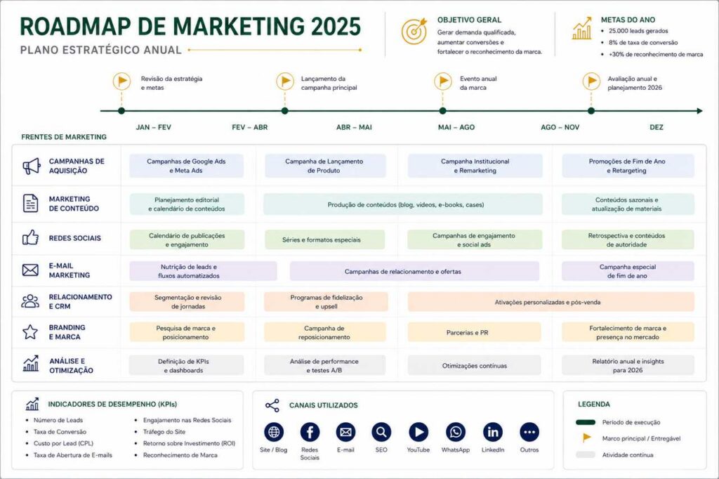 Plano estratégico de marketing com cronograma anual de campanhas, canais, KPIs e ações de relacionamento.