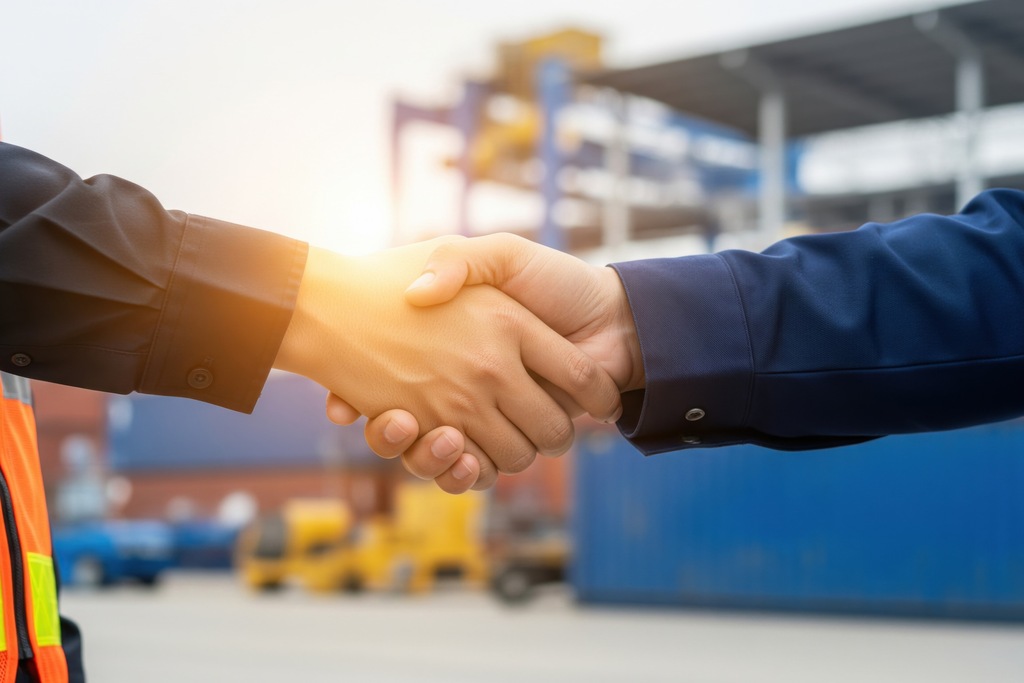 Aperto de mãos em terminal de cargas simboliza acordos comerciais entre países e cooperação econômica.