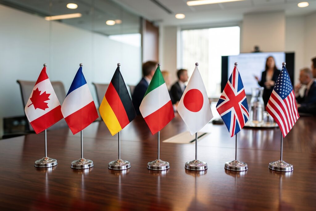 Bandeiras de países sobre mesa de reunião representam acordos multilaterais e cooperação diplomática internacional.