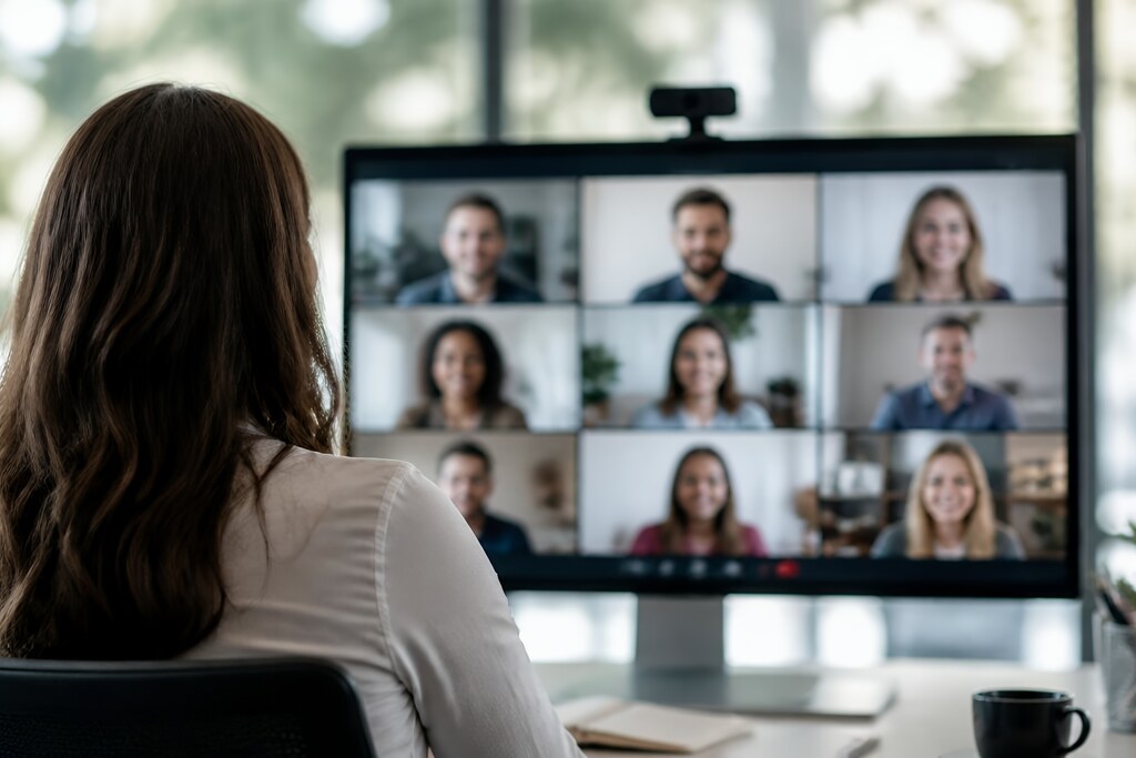 Colaboradora participa de onboarding online com equipe por videoconferência em ambiente de trabalho remoto.