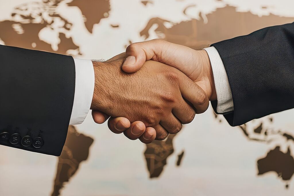 Aperto de mãos entre representantes de países simboliza áreas de atuação de Relações Internacionais e cooperação global.