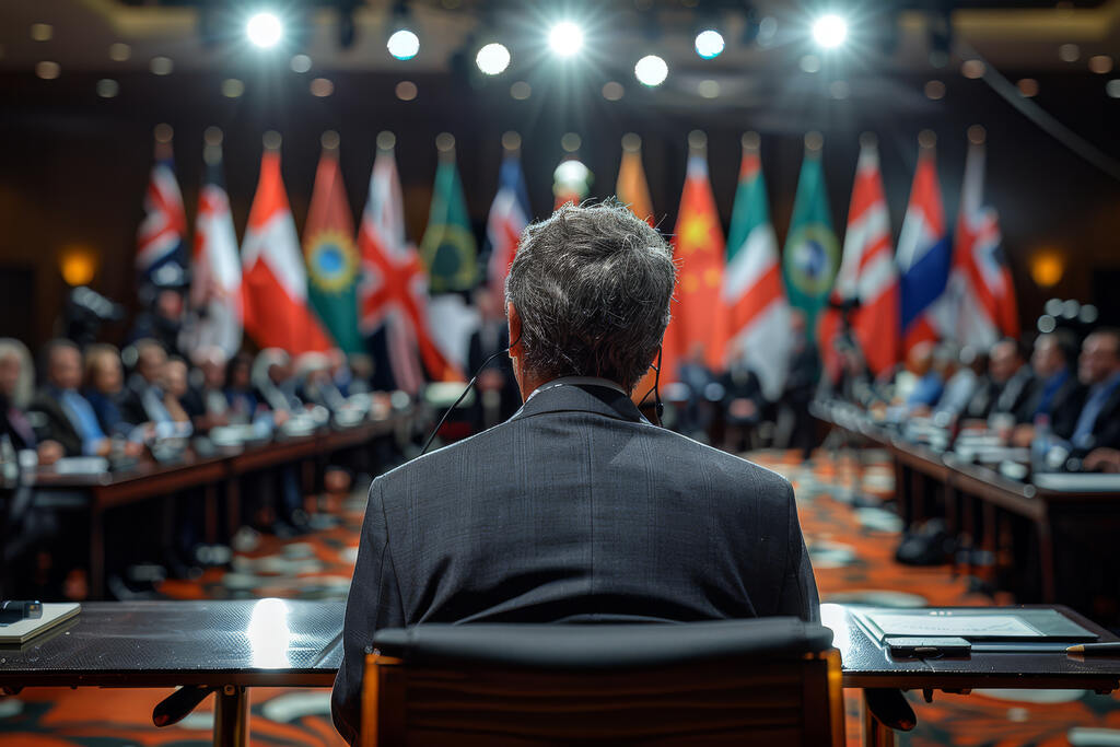Diplomata participa de conferência internacional, representando a diplomacia
corporativa em negociações globais.