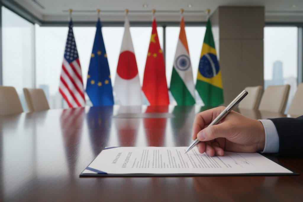 Assinatura de acordo internacional representa a atuação estratégica que influencia o salário de um internacionalista.