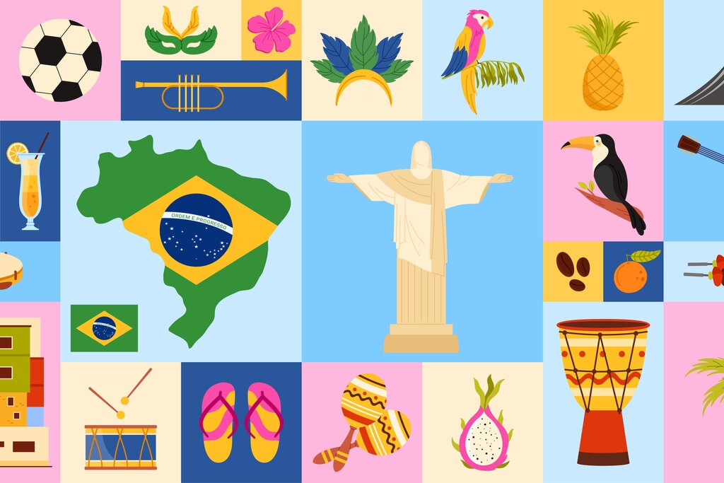Mapa do Brasil com ícones culturais representa o soft power e a influência da cultura brasileira nas relações internacionais.